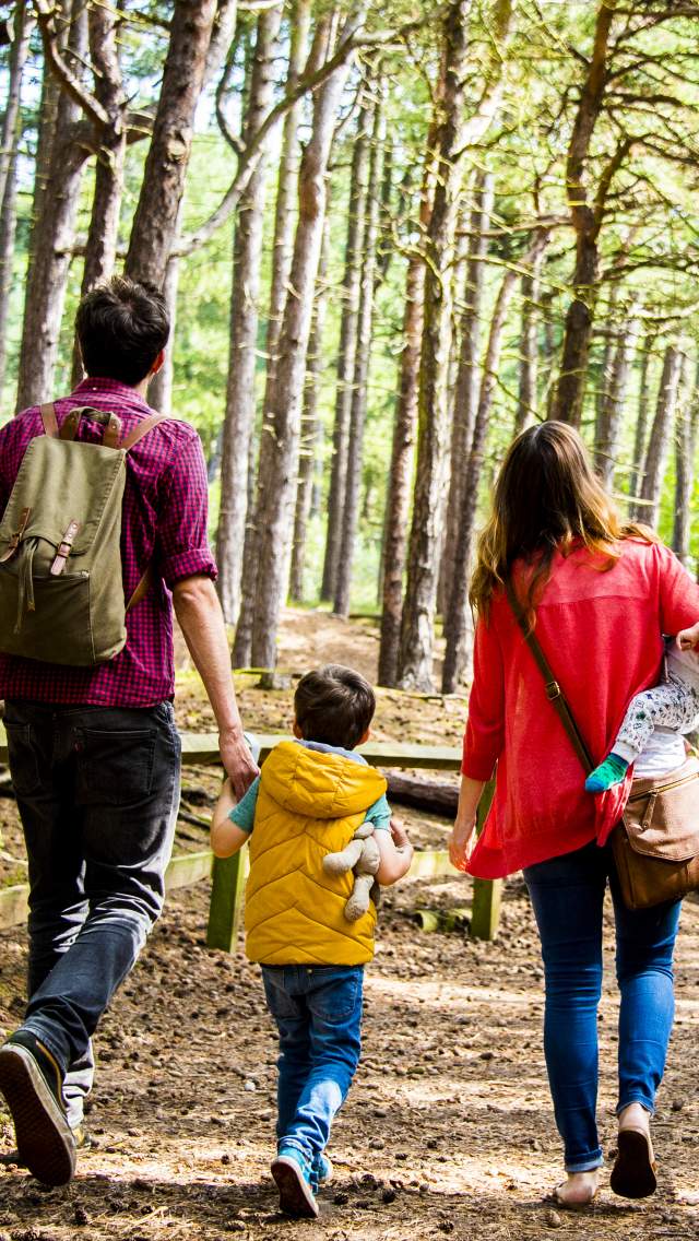Family walking in Formby Woods