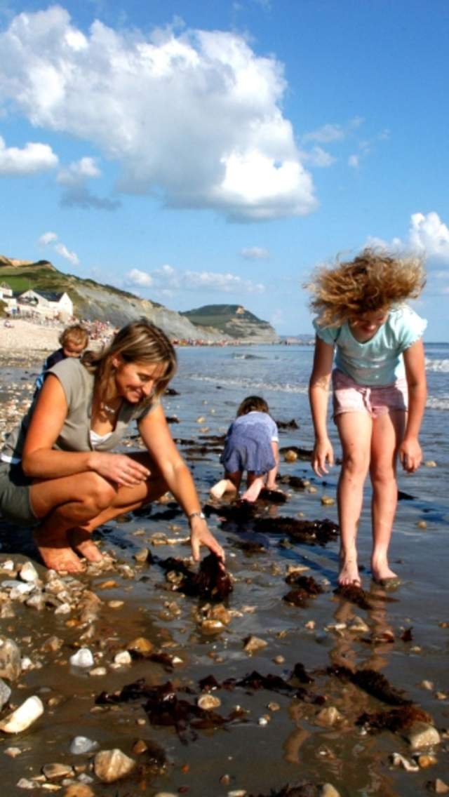 A family sossil hunting on Charmouth Beach