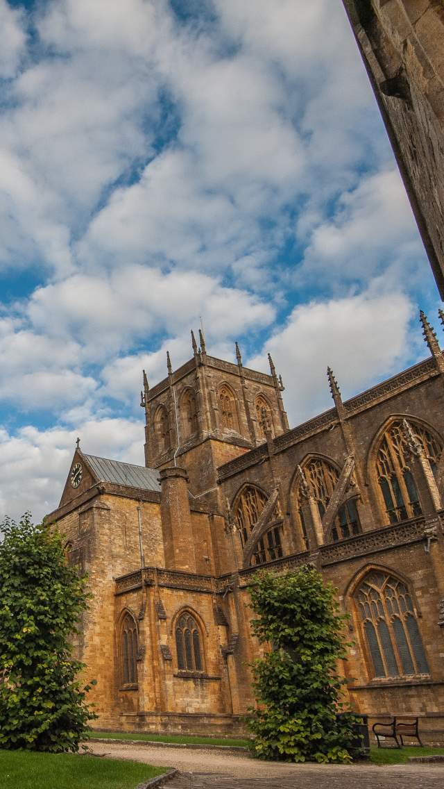 Looking across the exterior of Sherborne Abbey