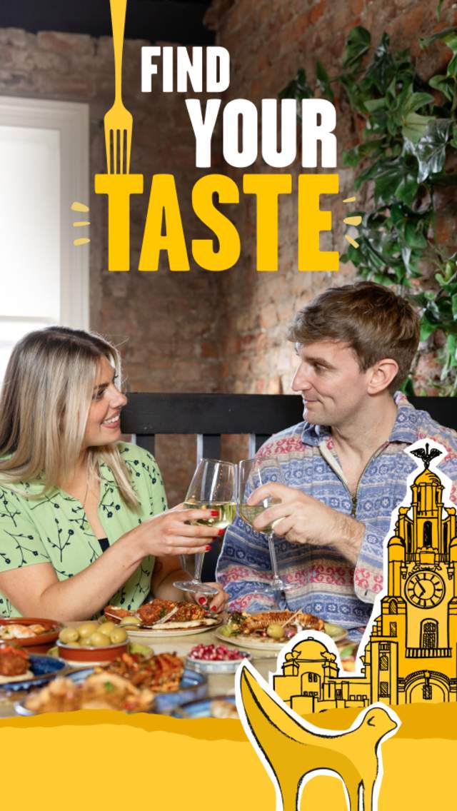 Two people do a 'cheers' with two wine glasses alongside a table filled with small plates of food. There is an illustration of a yellow lambanana and the Royal Liver Building.