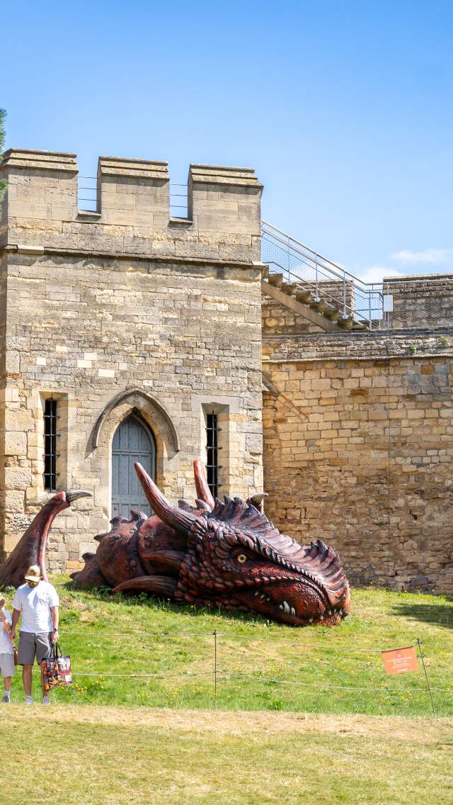 Images shows two huge dragons, residing in the grounds of Lincoln Castle