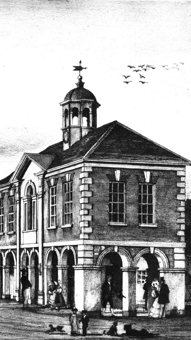 Illustration showing Christchurch Old Hall in it's former position further down the High Street