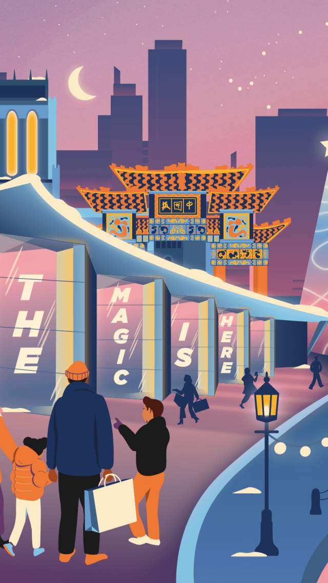 A colourful illustration of Liverpool's iconic places at Christmas