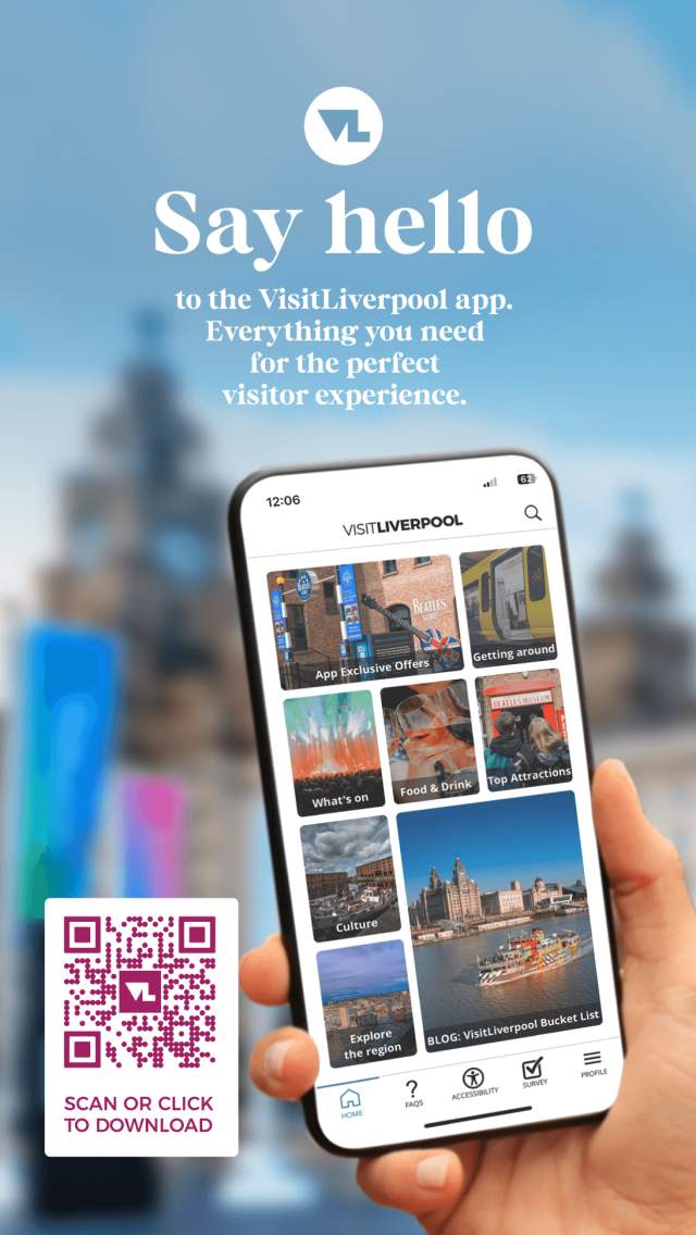 A person holding an iphone with the VisitLiverpool app against the Royal Liver building blurred in the background