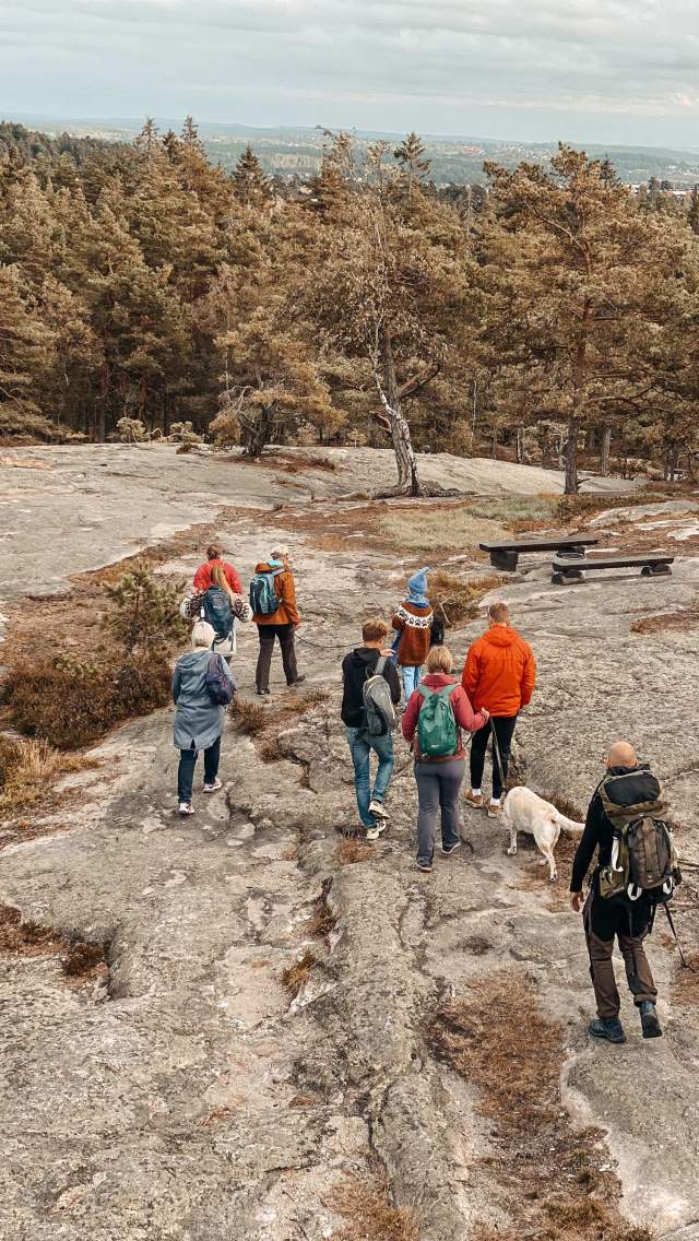 En turgruppe med hund på Applesintoppen i Sarpsborg. Foto.