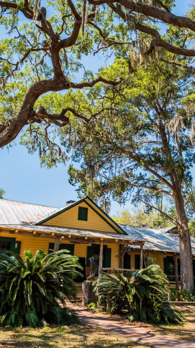 A rustic hunting cabin has been converted to the main lodge on Little St. Simons Island, Georgia