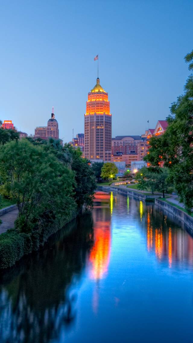 San Antonio Tower Life building lit up at night