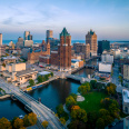bird's eye view of Milwaukee river and skyline