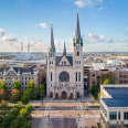 drone photo of Gesu Church on the Marquette University campus