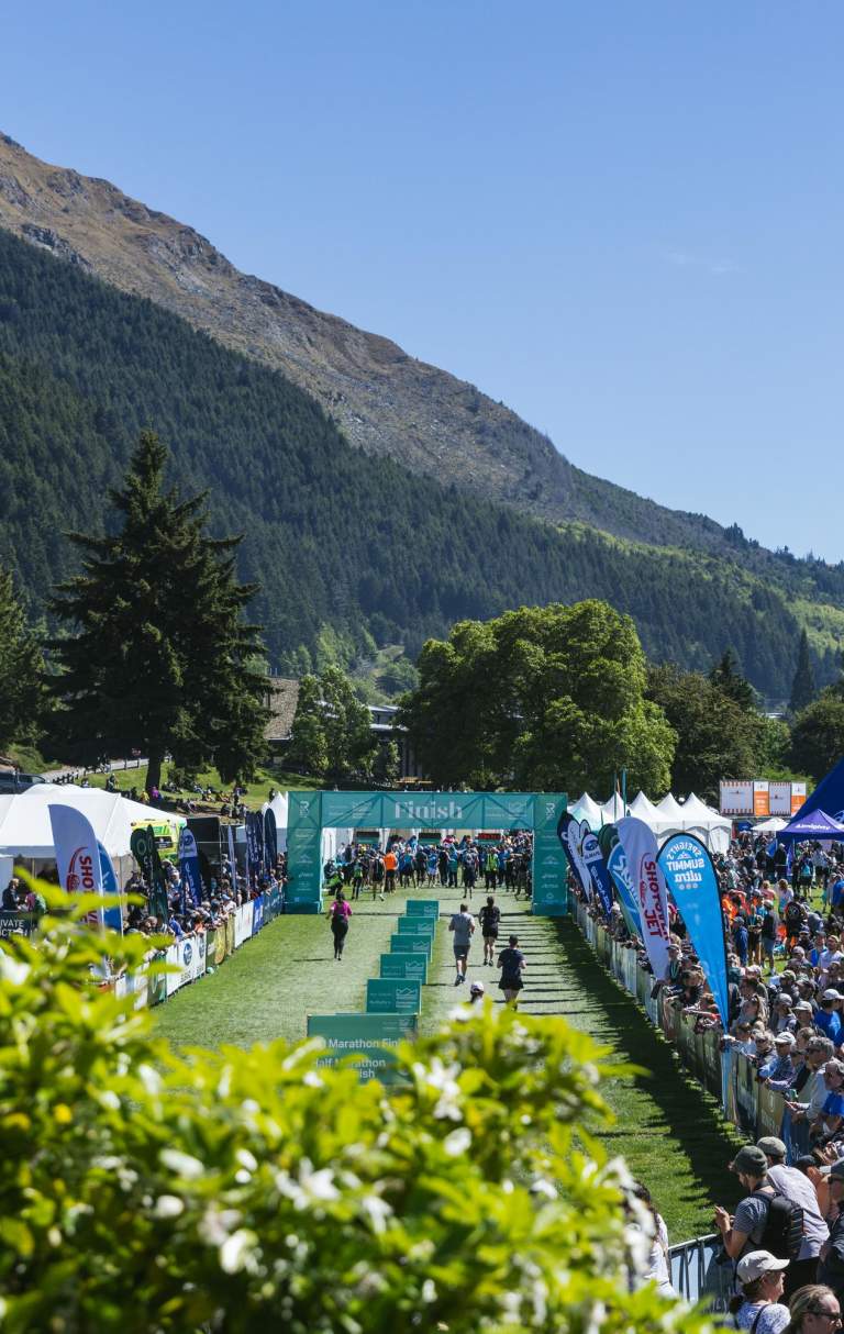 People gathered at the finish line of the Queenstown Marathon
