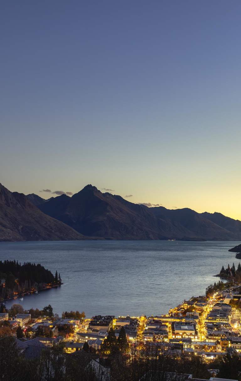 Queenstown at Dusk looking over the centre town Walter Peak
