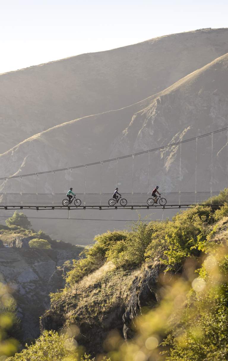 Group of three biking across Edgar Bridge