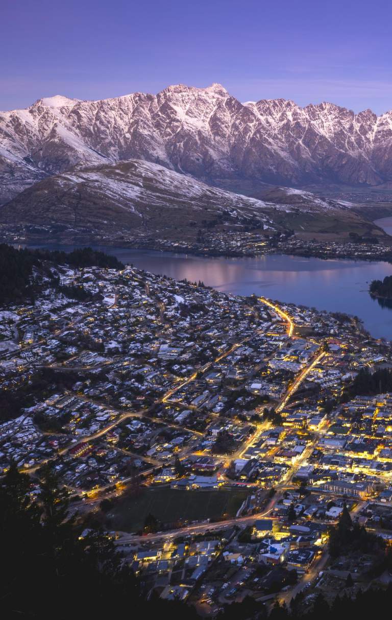 Aerial shot of Queenstown in winter