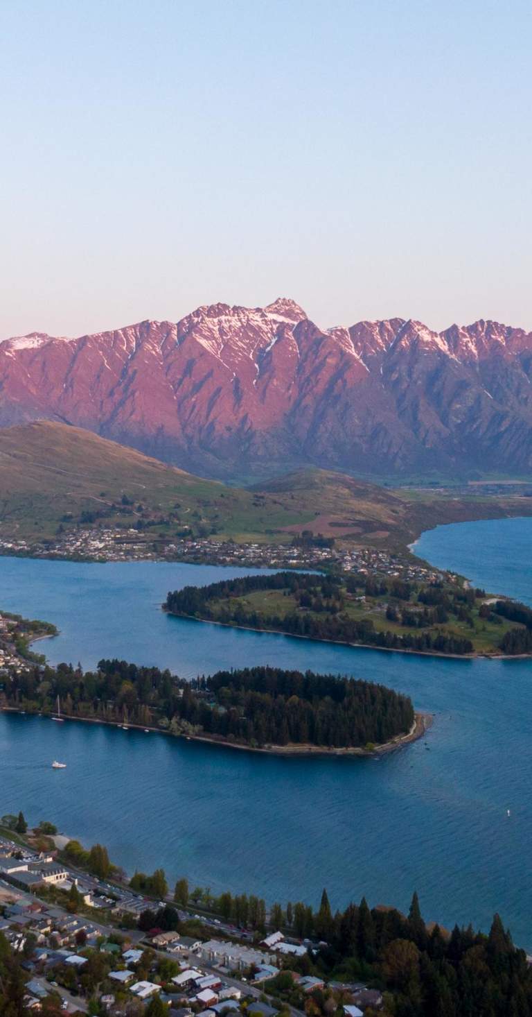 Aerial view of Queenstown at dusk