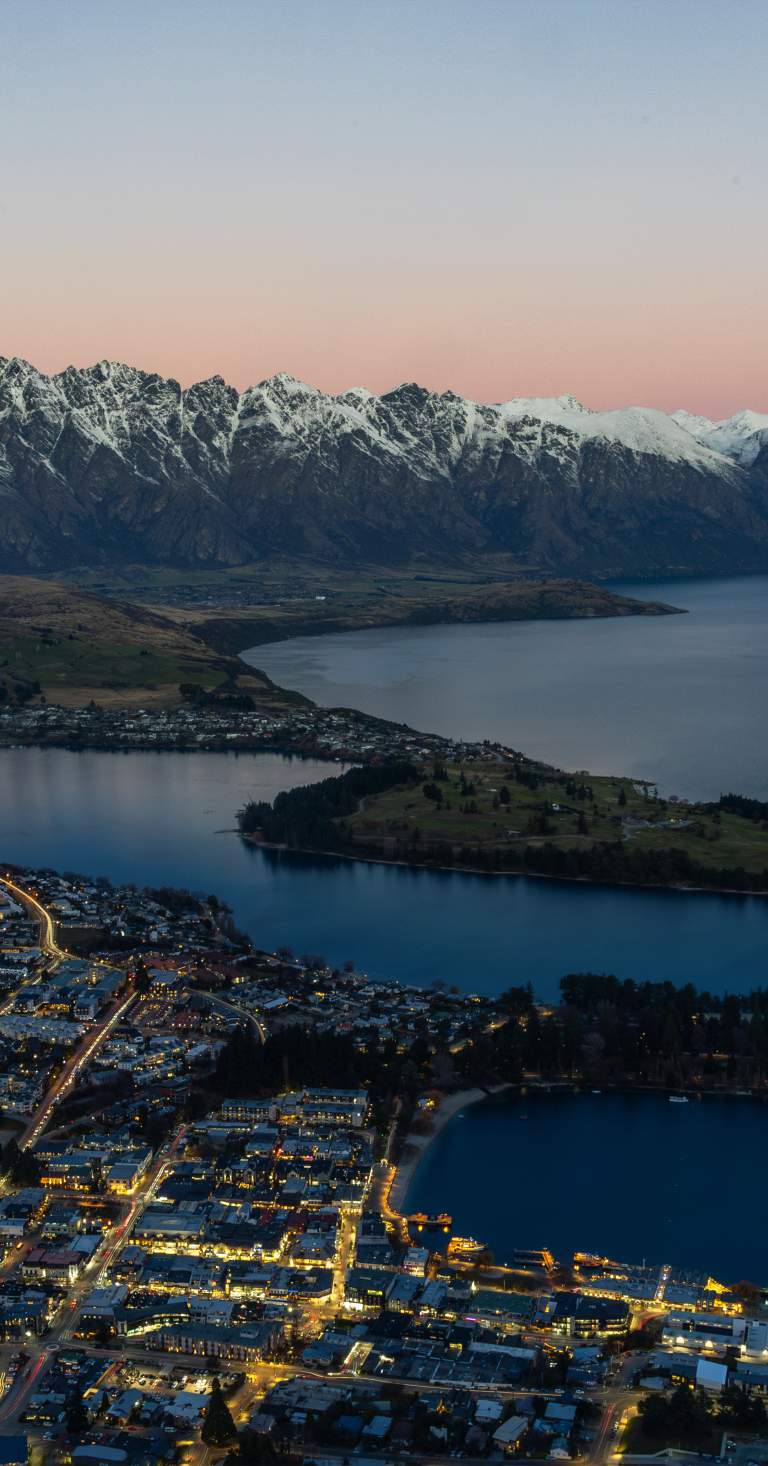 Queenstown in Winter at dusk with The Remarkables in the background taken from Bob's Peak