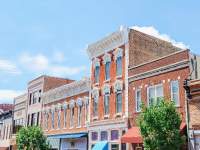 streetscape of historic building tops