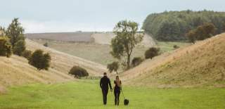 A couple with their dog walking on the Yorkshire Wolds