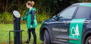 A woman plugs in an electric vehicle for charging at Westonbirt, The National Arboretum