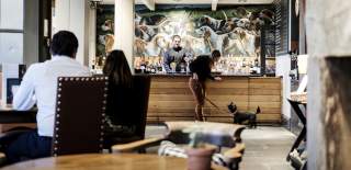 An owner and her dog being served at the bar in the Hare & Hounds Hotel in Tetbury