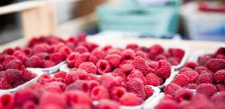 Photograph showing punnets of raspberries on sale at a market