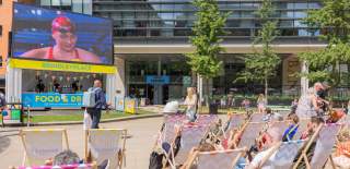 Deckchairs and big screen at Brindley Place