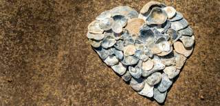 A pile of shells on a pebbled beach, arranged into the shape of a heart