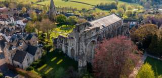 Aerial view looking down on Malmesbury Abbey