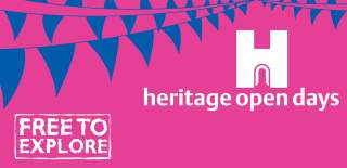 Banner for Heritage Open Days, featuring the primary logo, blue bunting and Free To Explore stamp
