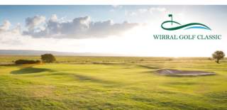 A golf course in Wirral on a sunny but cloudy day with the words 'Wirral Golf Classic' in the top right