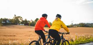 Two cycling along a cornfield