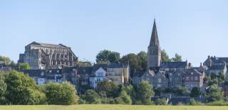 View across fields to Malmesbury Abbey