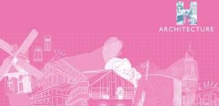 Illustrated pink banner for Heritage Open Days 2025 focusing on its theme for the year, Architecture