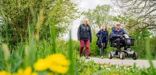 Wheelchair user accompanied by two people walking