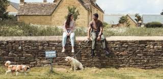 Couple sat on a wall looking at each other with their dog on a lead looking at another dog nearby