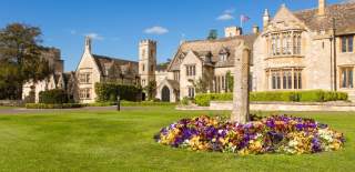 A bed of purple and yellow flowers in front of the stunning facade of Ellenborough Park