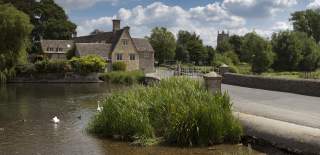 Swans and ducks swim on the river by a bridge and a Cotswold stone house in Fairford