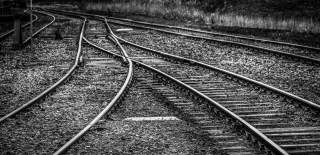 Black and white photograph of railway tracks