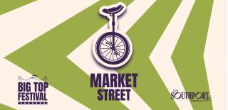 A green and cream striped background with an image of an unicycle in the middle. It says 'Market Street' underneath.