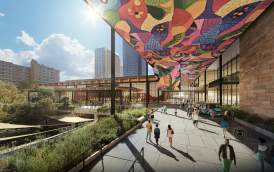 Austin Convention Center rendering shows the outdoor paseo looking towards a ballroom with pedestrians along the walkway in the foreground. The city skyline is in the back, and the paseo ceiling is covered with a mosaic along the length of the walkway