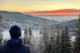 Solnedgang over tåka ved Damtjern