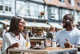 A couple enjoying alfresco dining at Saturday Market, Beverley.