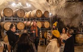 Group of people on a wine tour in an underground wine cave with wine barrels around