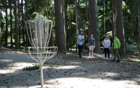 Group of friends playing frisbee golf in a forest