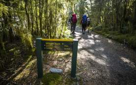Sign saying Milford Track with three hikers walking with bush in the background
