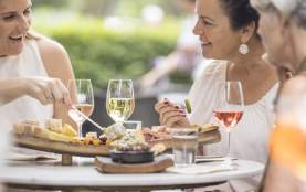 People enjoying wine and cheese platter.