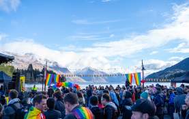 People celebrating Pride on Queenstown waterfront