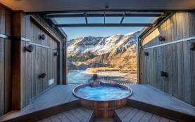 Woman relaxing in Onsen Hot Pools in Winter