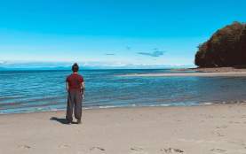 A person at the ocean on a sandy beach.