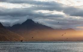 A moody sunset over Lake Whakatipu, with birds in flight and mist clinging to the rugged, cloud-covered mountains in the background.