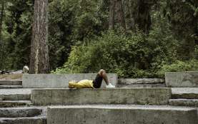 Person lying on a concrete bench in a forested park.